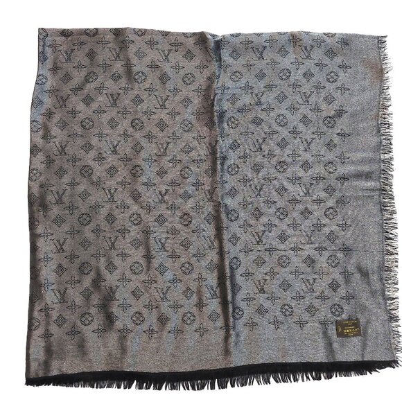 LOUIS VUITTON LV Vintage Black & Silver Cashmere Monogram Scarf Shawl Wrap - Picture 7 of 16